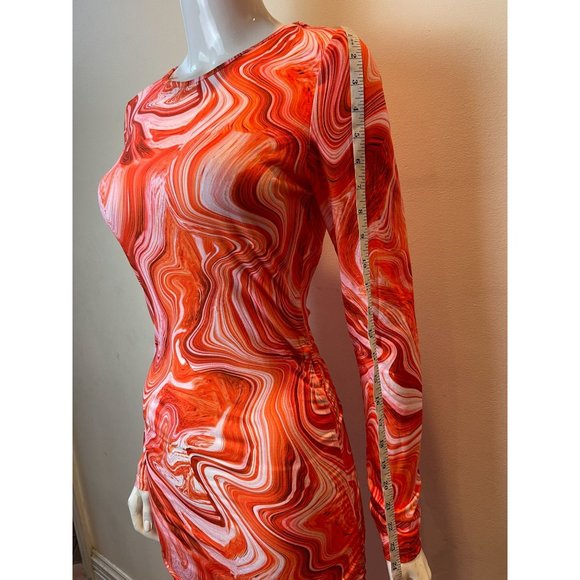 NWT Floerns Womens Marble Print Drawstring Side Bodycon Dress Orange White SZ M - Picture 8 of 13